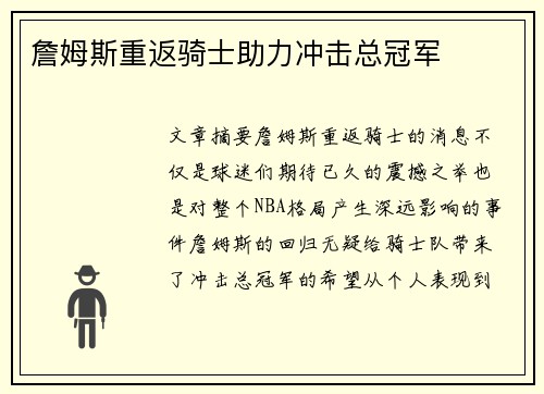 詹姆斯重返骑士助力冲击总冠军